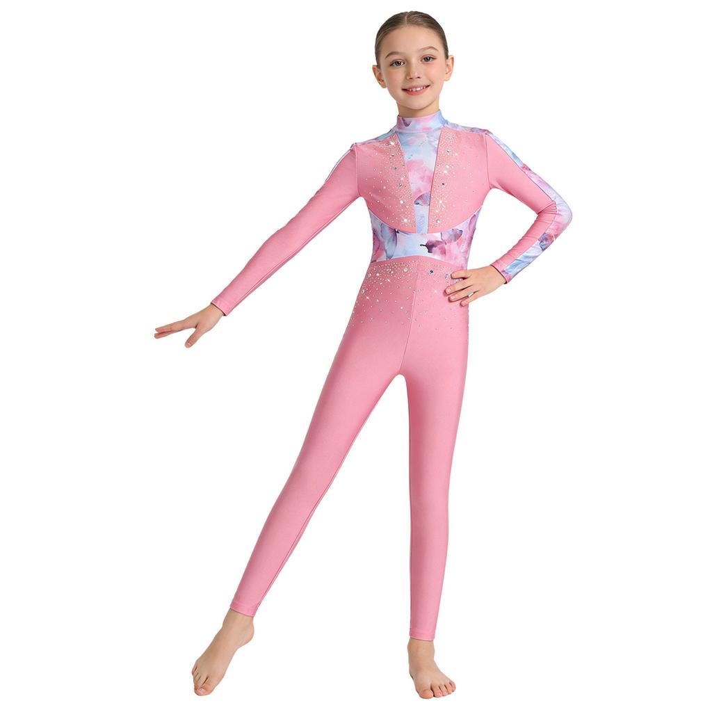 Girls Gymnastics Long Sleeve Leotard Shiny Sequins Rhinestones Back Invisible Zipper Full Body Ballet Figure Skating Performance