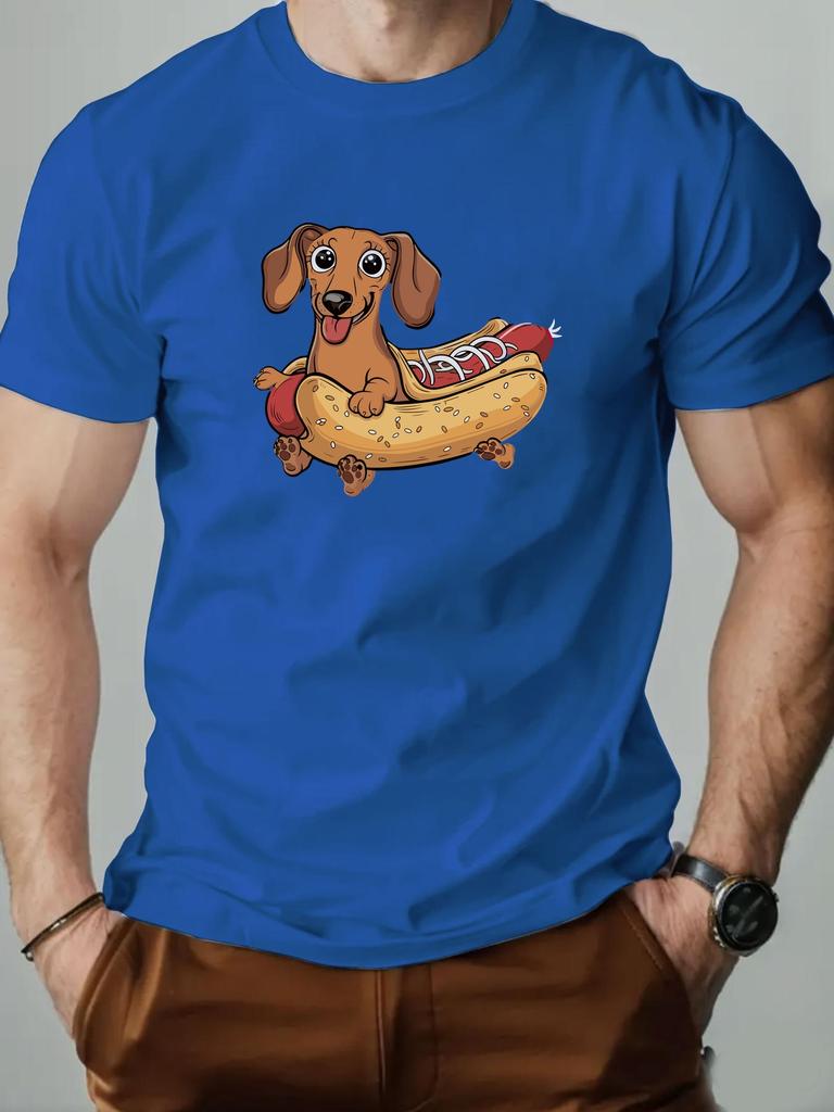 ZX Summer Mens Casual Summer Cartoon Sausage Dog Hot Dog Pattern Tshirt  Lightweight and Breathable Round Neck Top Adult Style