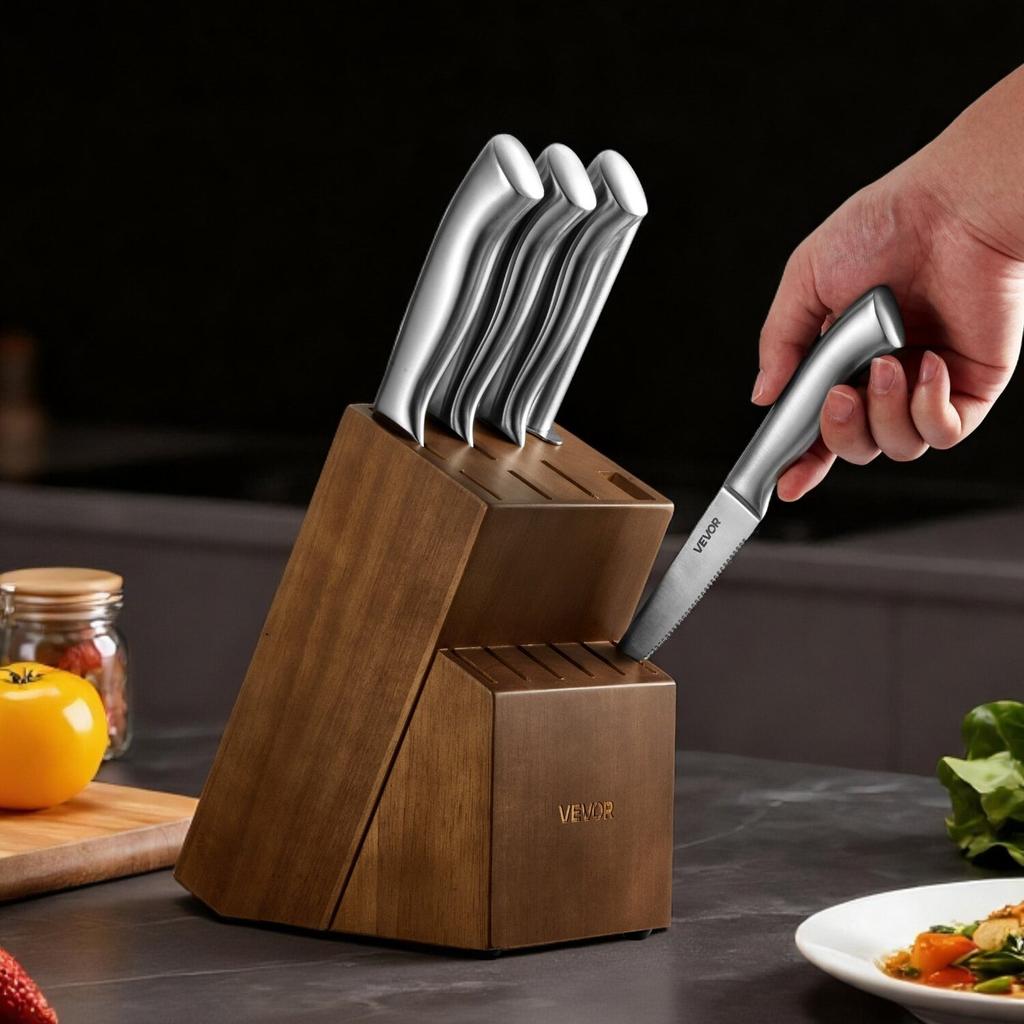 Kitchen Knife Set with Block and Sharpener, 15 Piece German High Carbon Stainless Steel Sharp Knife Set, Kitchen Cutlery with Ergonomic Handle,