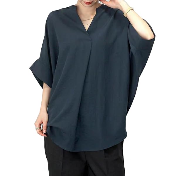 Loose Chiffon Short Wrinkle Casual [Ailiyumo] Women's Shirt, Fit, V-Neck Blouse, Office, Top, Sleeve, Plain, Resistant, Slimming,