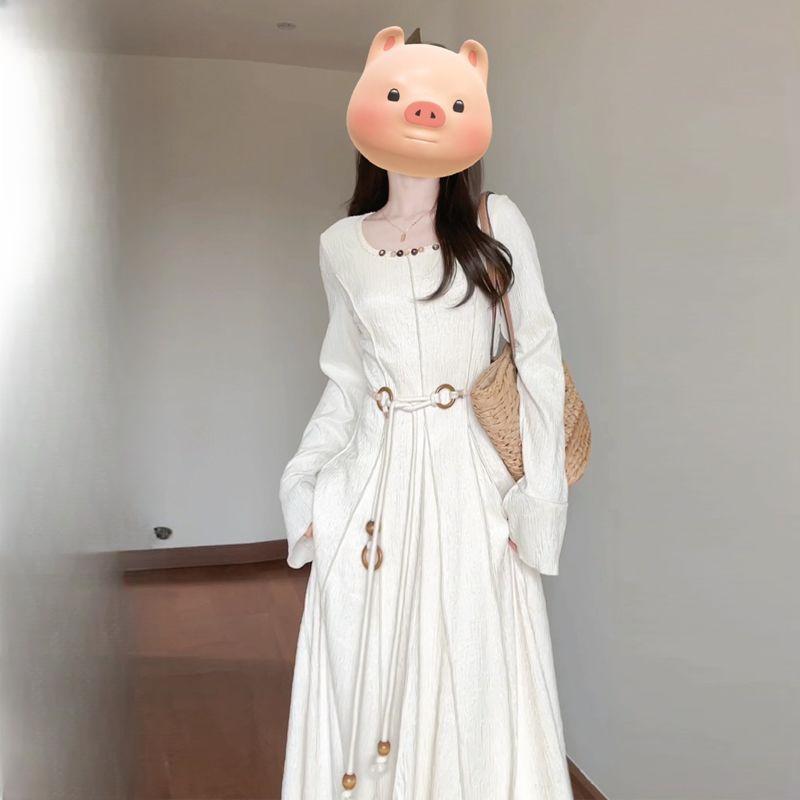 

Французское платье с квадратным вырезом и длинными рукавами для женщин, весенне-осенний стиль, приталенное, расклешенное, с длинными рукавами, текстурированное макси-платье, юбка в этническом стиле S