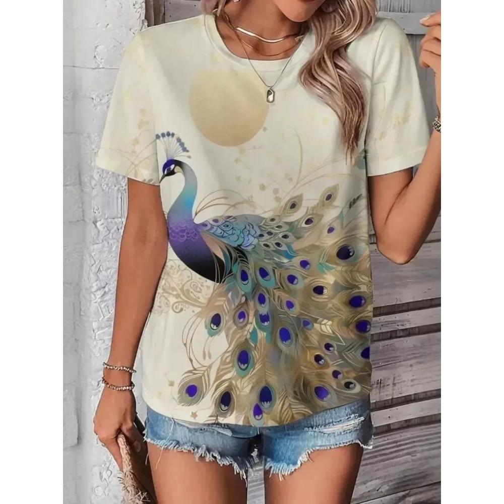 Dames T-shirt 3D Patroon Gedrukt Casual Korte Mouw Ronde Hals Top Modieuze Straat Dameskleding