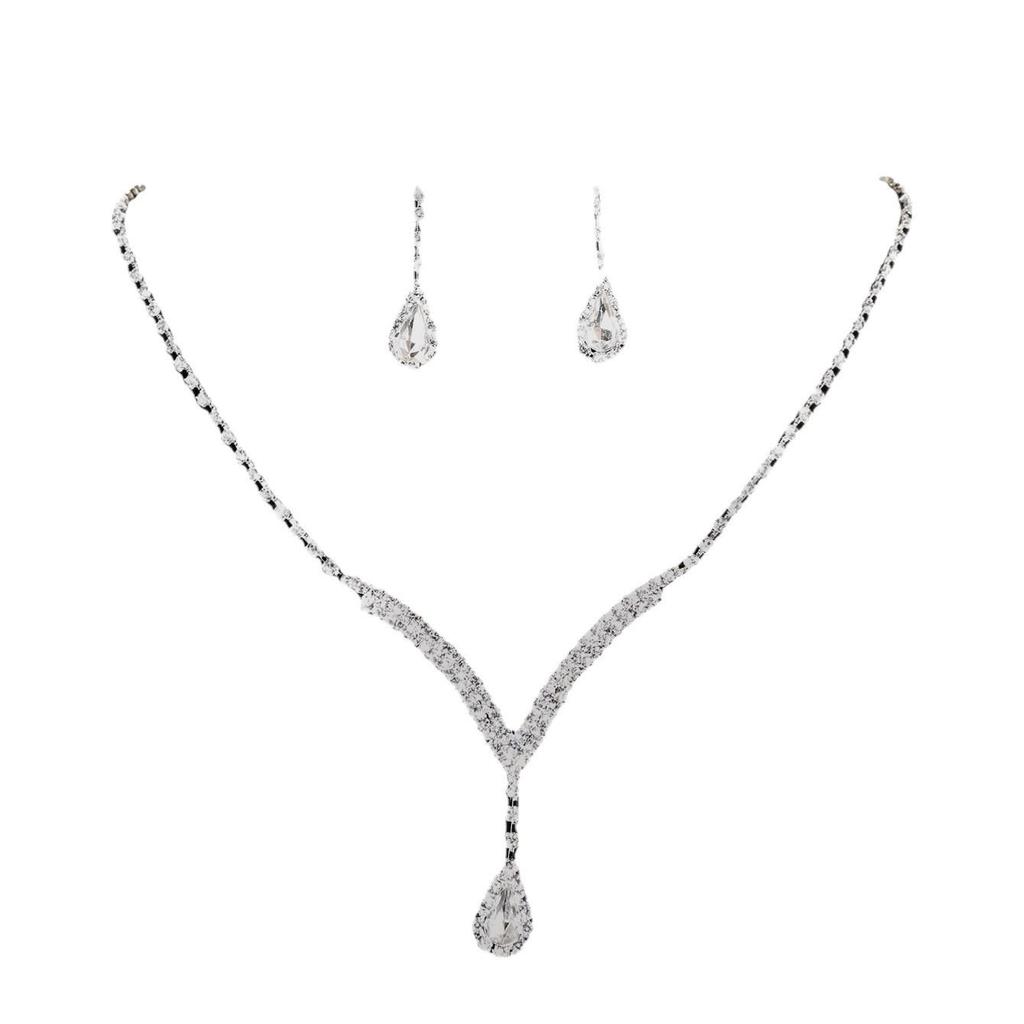 Crystal Rhinestone Teardrop Pendant Necklace & Earrings Set – Elegant European American Fashion Jewelry for Women