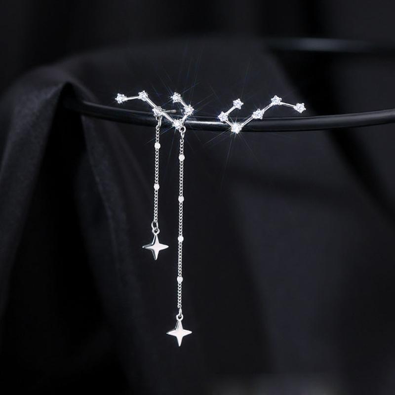 JWER Romantic French Silver Color Asymmetric Star Long Tassel Korean Fashion Zircon Drop Earring For Girl Women Birthday Gifts