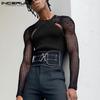 INCERUN S-5XL Summer Mens Fashion Long Sleeved Bare-midriff Tops Sleeveless O-neck Undershirt Mesh See-through Shirts Black Clubwear