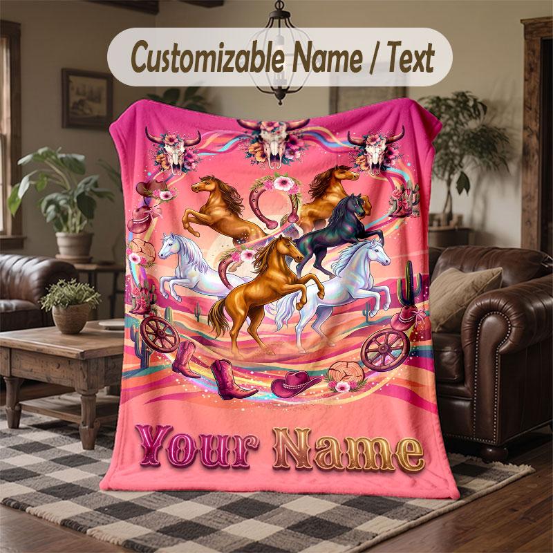 Coperta da divano a tema cavallo con nome personalizzato Testo Coperta personalizzata Morbida Coperta accogliente per casa Divano Letto