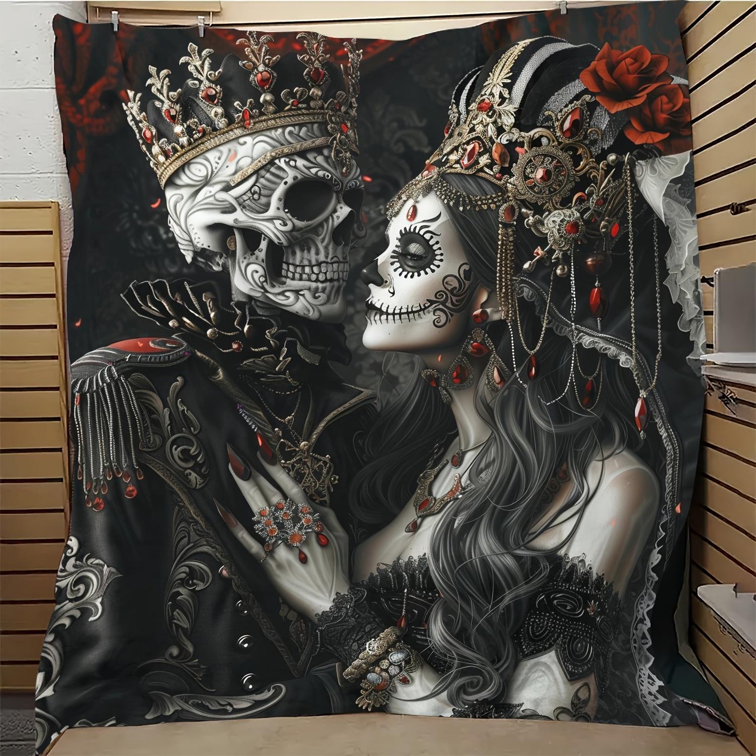 Vintage  Skull Couple Printed Soft Flannel Throw Blanket Sofa Bed Blanket For Halloween Couch Office Camping Travel Gift Blanket 75cmx90cm