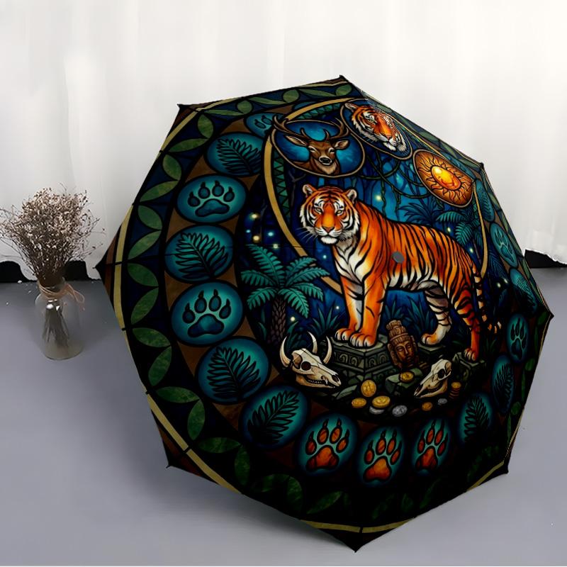 Tiger Sun Jungle Symbols pattern umbrella, portable and foldable design, 8 ribs, a casual accessory for Halloween, Christmas, and birthday gifts.