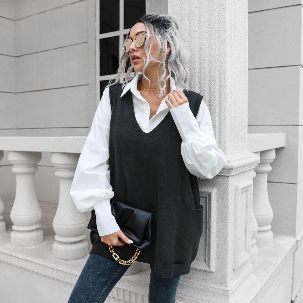 Autumn Winter Pocket Big Swing V-neck Long Vest Sweater Women Loose Vest Outside Wear Sweater Inside