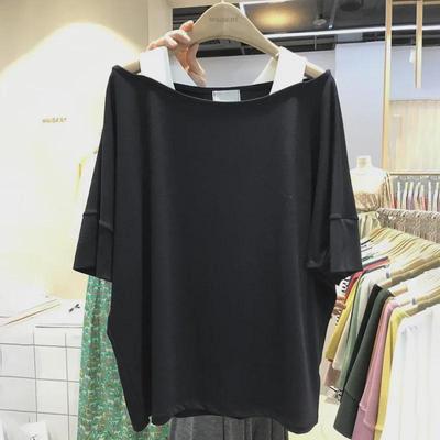 Camiseta Solta de Algodão com Ombro Descaído Estilo Coreano 2023 para Mulheres