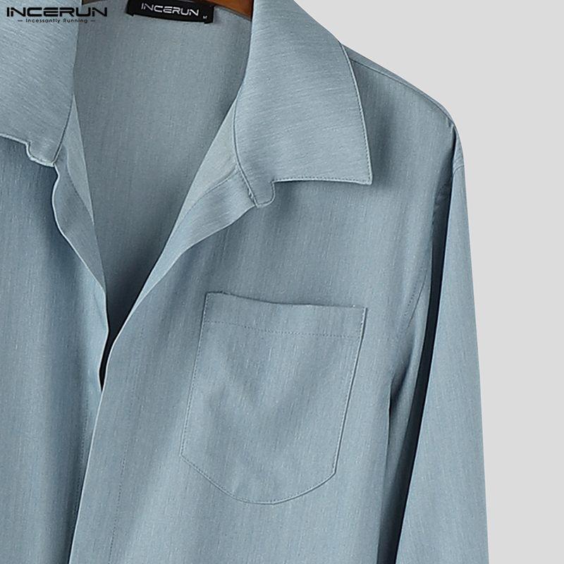 INCERUN Men Lapel Neck Long Sleeve Belt Solid Color Casual Buttons Long Jumpsuits Rompers