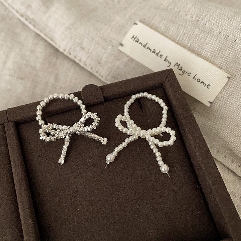 Broken Silver Pearl Bow Elastic Ring Women'S Niche Design Sense Exquisite Personality Fashion Versatile Ring Ring