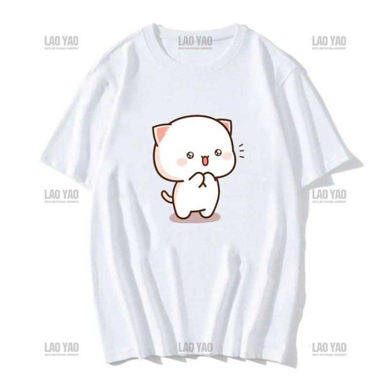 Słodka brzoskwiniowa kotka z kreskówkową parą nadrukowaną koszulką unisex szara wysłana kwiaty do brzoskwiniowej koszulki nowy styl miłośnicy ubrań casualowa koszulka