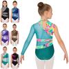 Pige Sparkly Leotard med Rhinestones Asymmetrisk Ærme Patchwork Rygudskæring og Knap i Skridtet til Dansekonkurrence