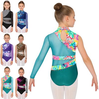 Girls Sparkly Leotard with Rhinestones Asymmetric Sleeve Patchwork Back Cutout and Button Crotch for Dance Competition