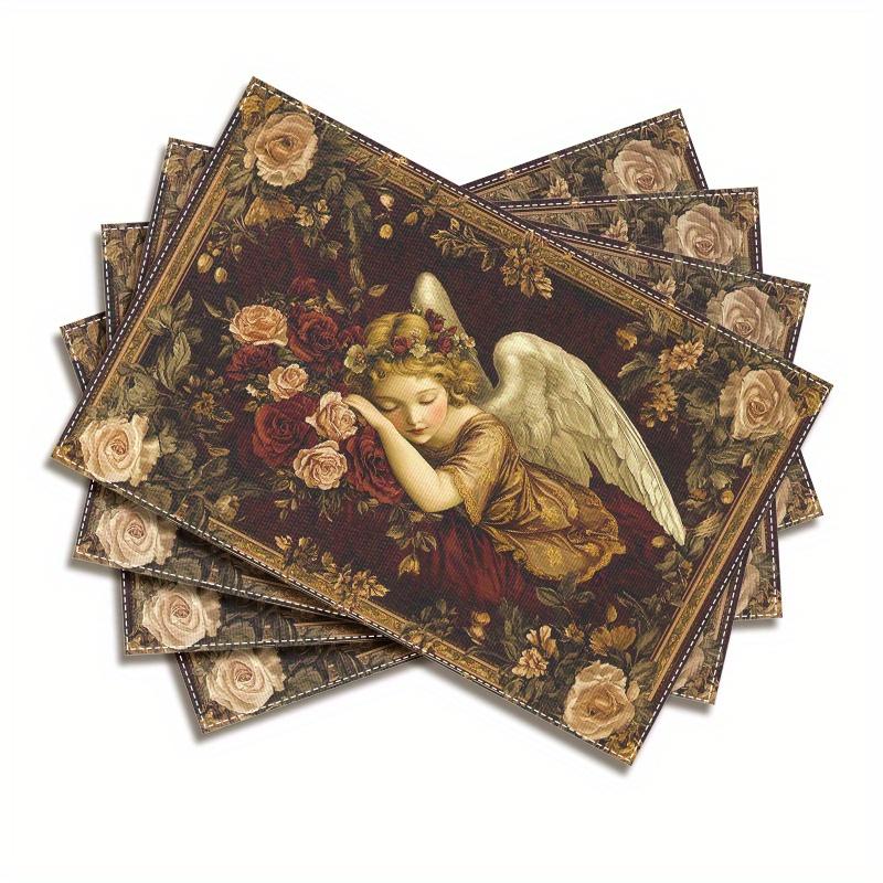 4pcs Vintage Baroque Style Tapestry Design with Angel Surrounding Printed Placemats, Washable Dining Table Mats, Perfect for Holiday Party Kitchen and
