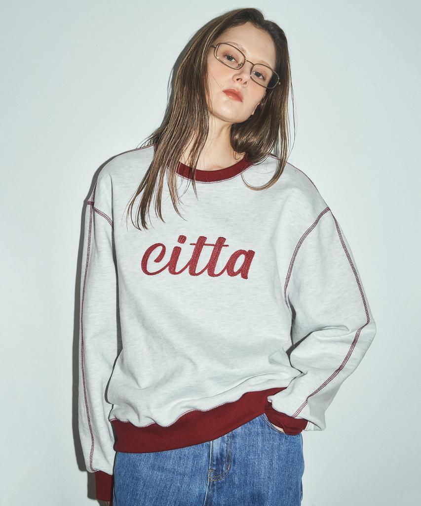 CITTA Chain Stitch Logo Sweatshirt Ctt309 (White Melange_Wine)