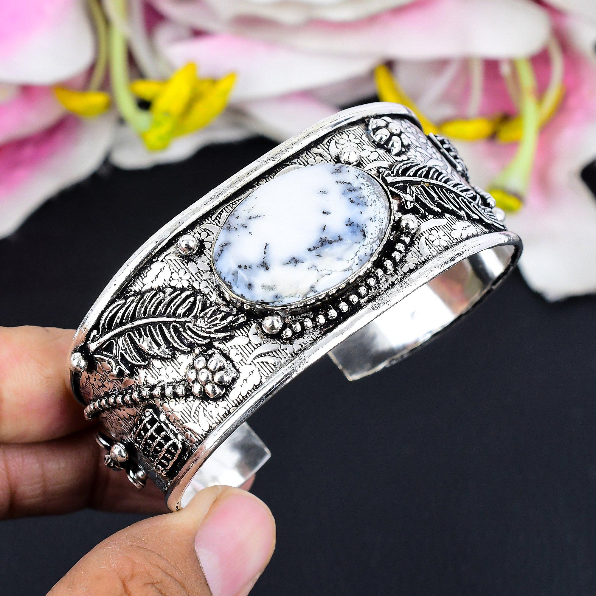 

Dendrite Opal Gemstone Handmade 925 Sterling Silver Cuff Bangle Adjustable KG-1865