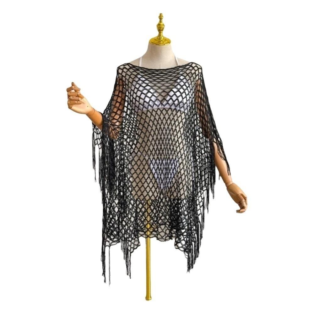 Tassel Sunscreen Cover-up Loose Fit Knit Hollow Out Top Fashion Fishnet Swimsuit Cover Up  Vacation