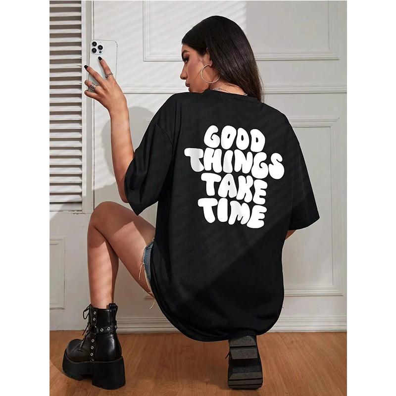 Good Things Take Time Funny Letter Graphic Women's Knitwear Fashion Clothing Cotton Top Fashion Summer T-shirt Plus Size T-shirt