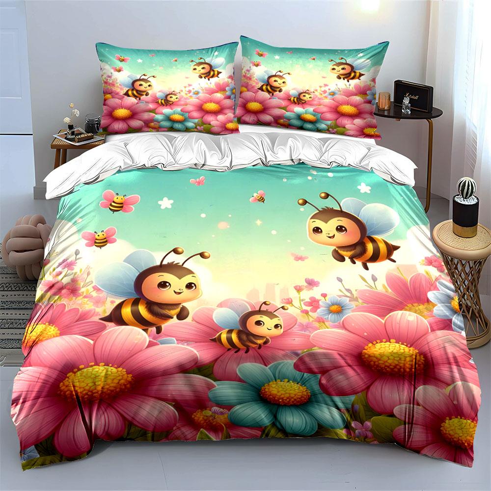 Cute Bees And Vibrant Flowers Print Soft Comfortable Duvet Cover Bedding Set Included 1*Duvet Cover 2*Pillowcases Luxury Gifts