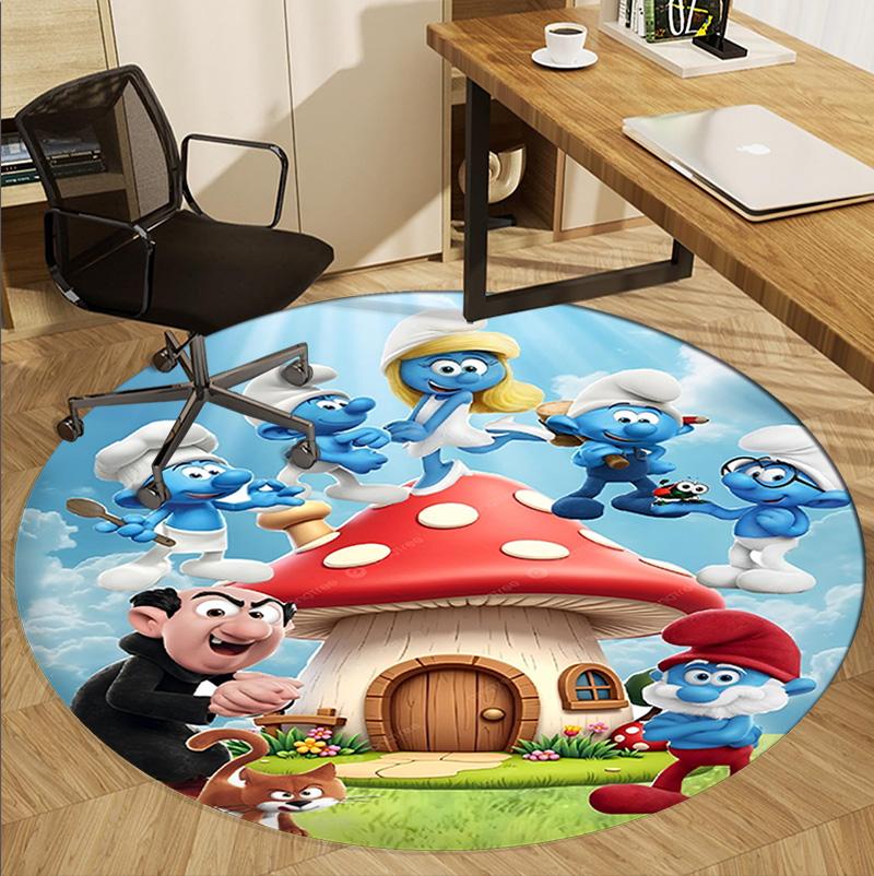 Blue Smurfs Pattern Round Rug, Indoor/Outdoor Mat, for Picnic, Gameroom, Bedroom, Office, Living Room, Home Decor Carpet, Birthday Gift