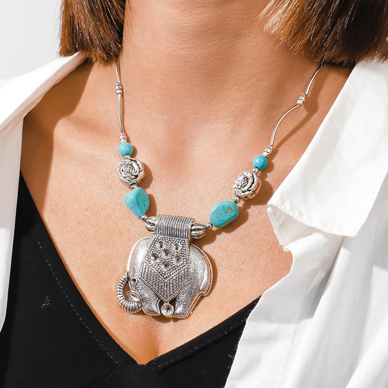 Cartoon Animal Elephant Pendant Retro Ethnic Style Turquoise Clavicle Necklace