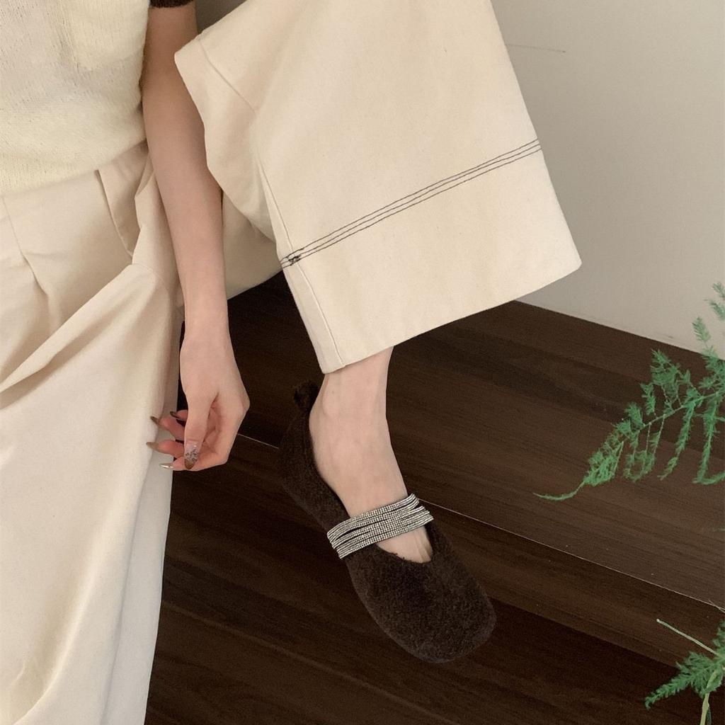 French Flat-bottomed Rhinestone Velvet Mary Jane Shoes Women's 2025 Autumn and Winter New Light-mouth Fluffy Single Shoes Versatile Ladyshoes