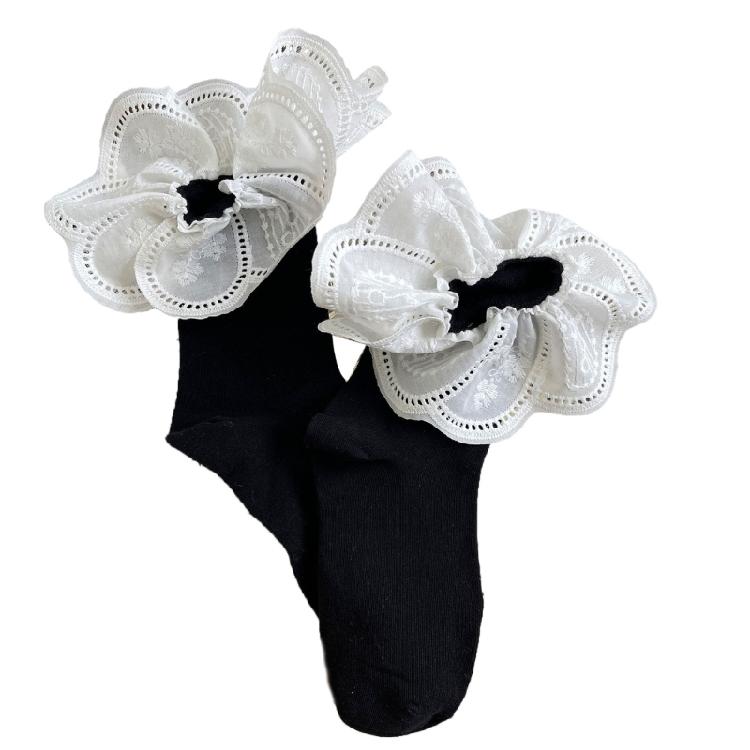 Women s Sweet Embroidered Lace Trim Ankle Socks Soft Cotton Fabric Elegant Students Ruffle Frilly Short Crew Socks чёрный
