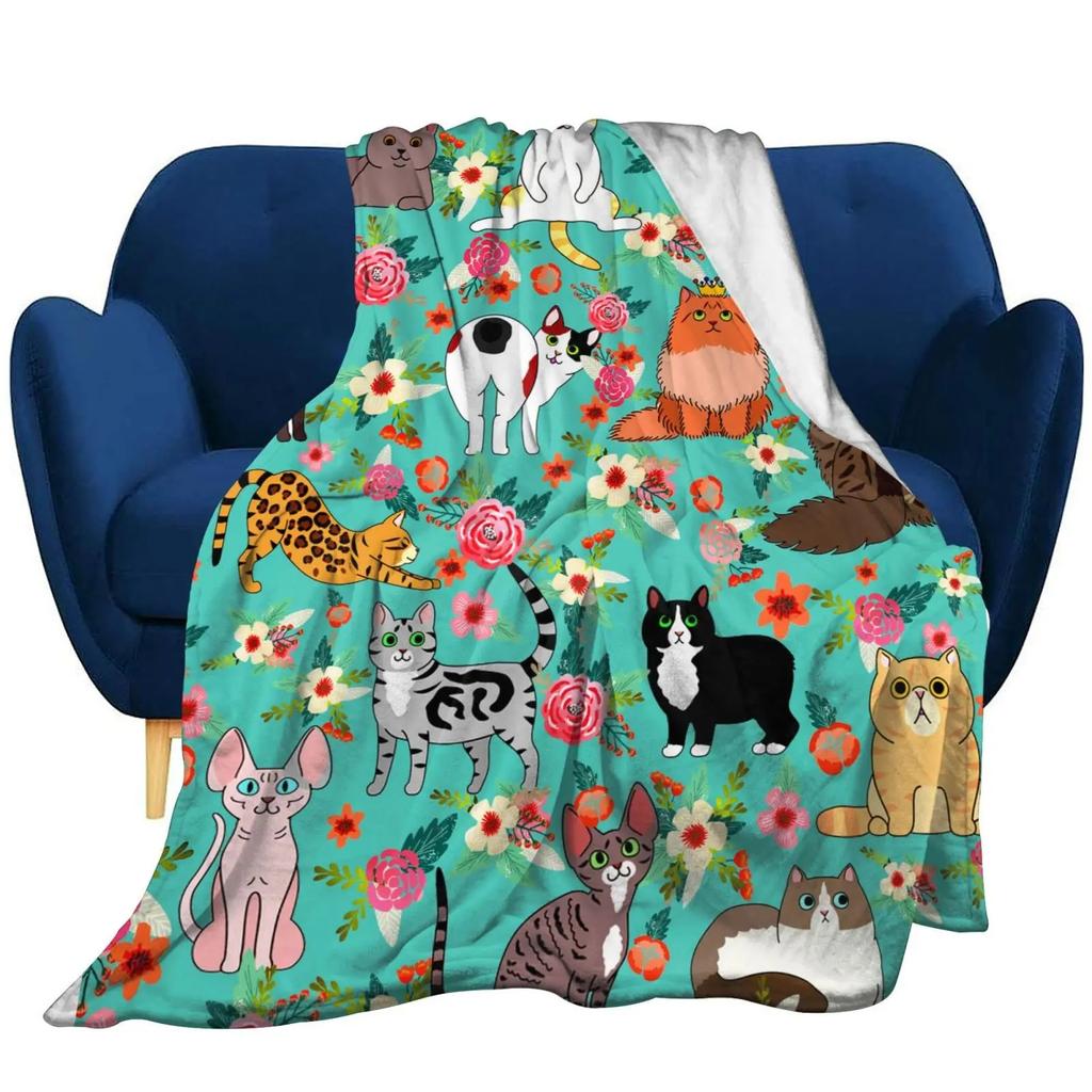 Cute Cat Print Flannel Blanket Sofa Bedroom Blanket Soft Portable Nap Blanket