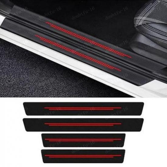 4x Red Carbon Fibre Leather Car Door Sill Protection Cover Sticker Accessories