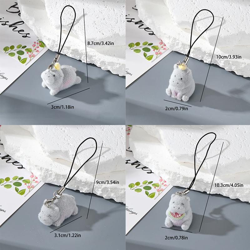 Fun Cartoon Flocking Animal Keychains Phone Lanyard Resin Cute Hexagonal Hedgehog Hippos Bag Earphone Case Pendant Girls Gift