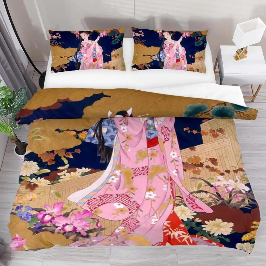 Japanese Geisha King Queen Duvet Cover Red Woman Bedding Set For Kids Teens Adults Koi Fish Eastern Culture 2/3Pcs Quilt Cover