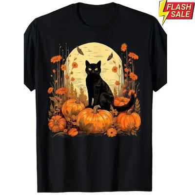 Halloween Black Cat & Pumpkins Graphic T-Shirt - Autumn Floral Design, All-Seaso Unisex T-Shirt