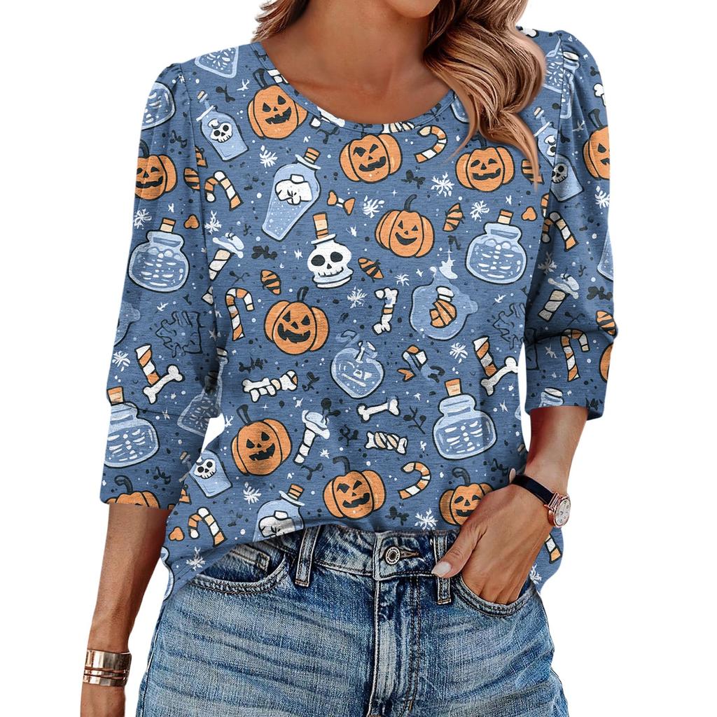Damen Modisches Lässiges Rundhals Siebenviertelärmel Halloween Bedrucktes Puffärmel Oberteil