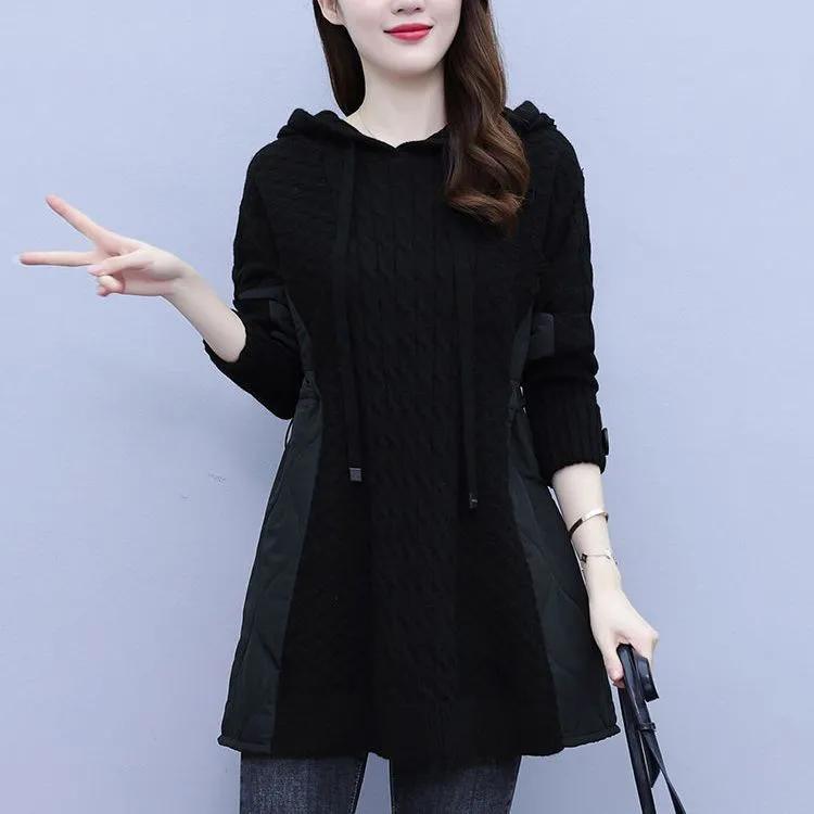 Damen Herbst/Winter Splicing Strickpullover Design Locker Kapuzen Winterparka Mantel Damen
