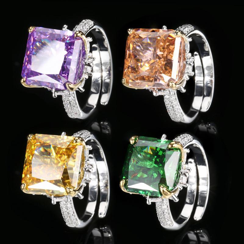 Jewelry Copper Bottom Gold-Plated High Carbon Diamond Ice Flower Square Diamond Copper Inlaid Princess Square Light Luxury Ring Female 12 * 12