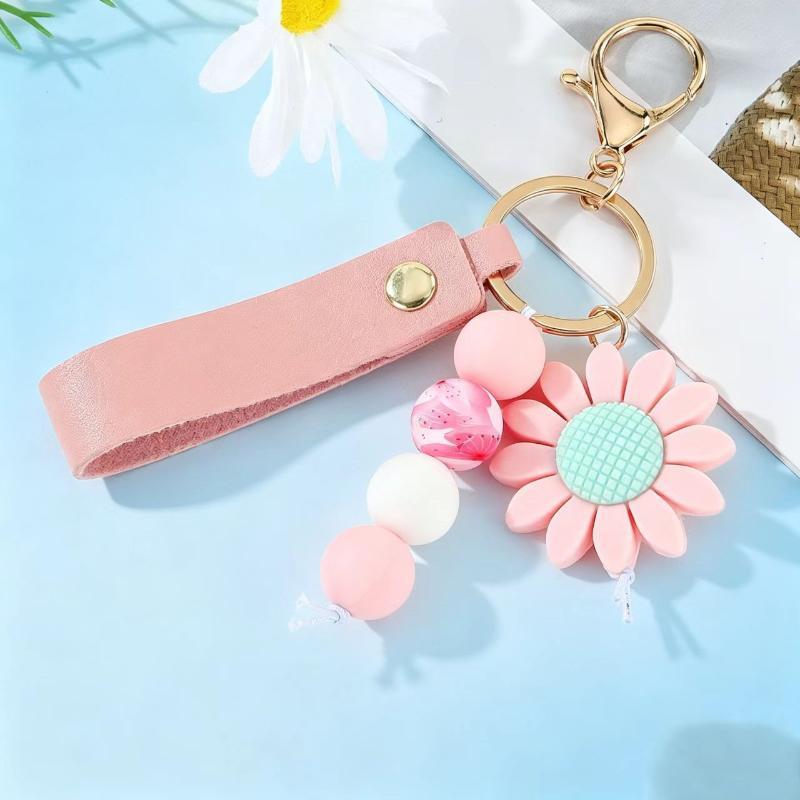 1Pcs Sunflower PU Leather Keychain Personalized Silicone Beads Bag Charm Unique Gift for Mother's Day
