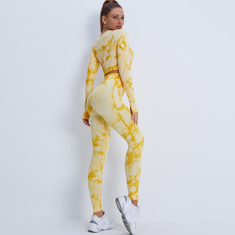 Set de îmbrăcăminte sport pentru yoga cu vopsea cravată: Top și pantaloni cu mânecă lungă pentru femei