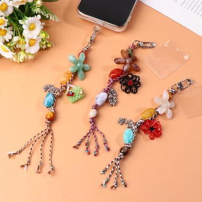 Ethnic Style Artistic Beaded Charm Keychain Vintage Flower Phone Lanyard Bag Pendant Key Hanging Decoration Gifts