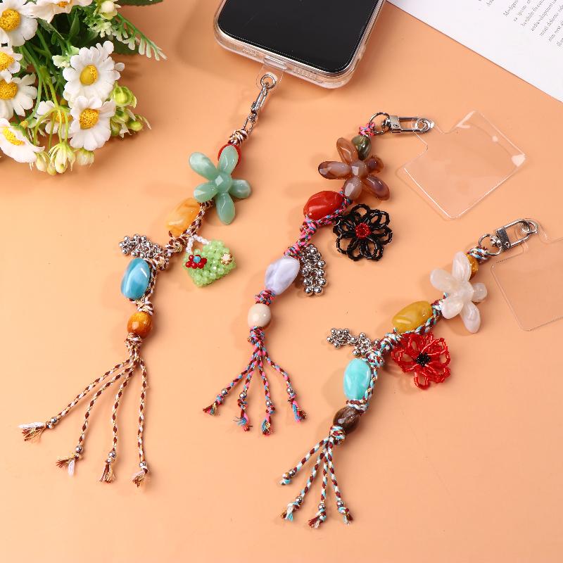Ethnic Style Artistic Beaded Charm Keychain Vintage Flower Phone Lanyard Bag Pendant Key Hanging Decoration Gifts