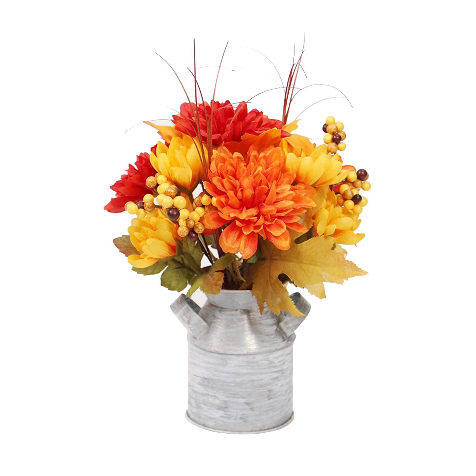 

Autumn Iron Bucket Simulation Flower Ornament Halloween Thanksgiving Harvest Festival Table Pot Plants Sunflower Peony Dahlia жеоржин