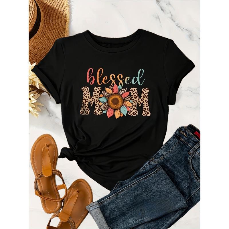 Soft & Stretchy  Blessed Mom  Graphic Tee - Casual Short Sleeve T-Shirt for Women, Machine Washable, All-Season Comfort S чёрный