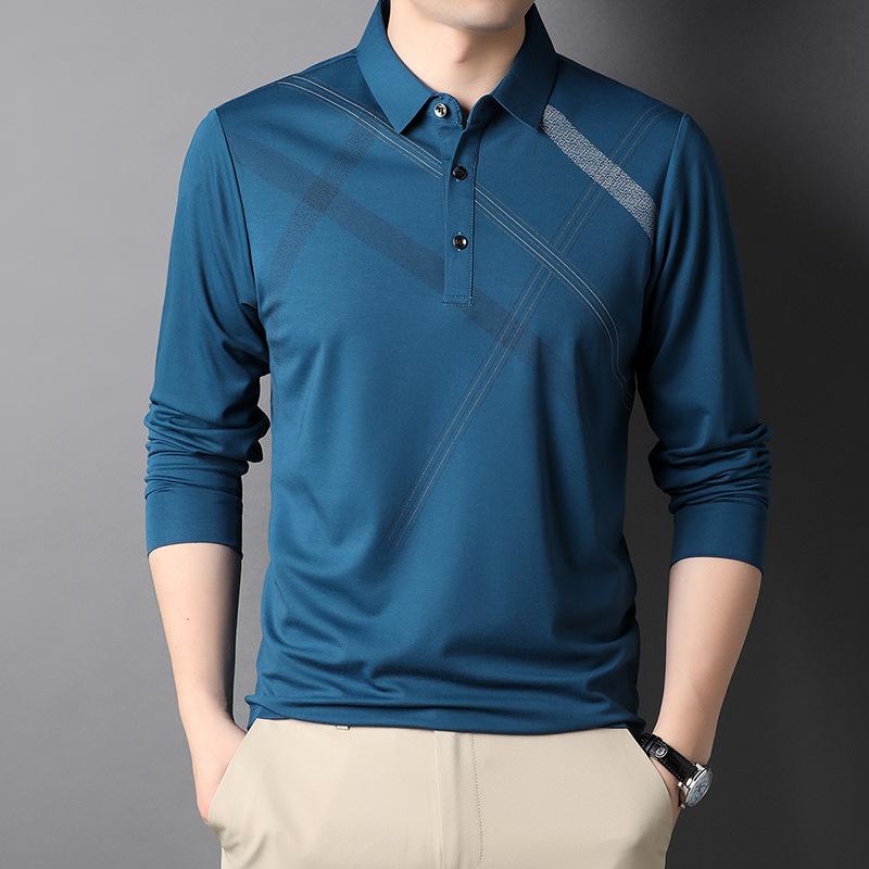Spring New Long-sleeved T-shirt for Men with Mulberry Silk Stripes Casual Lapel Polo Shirt