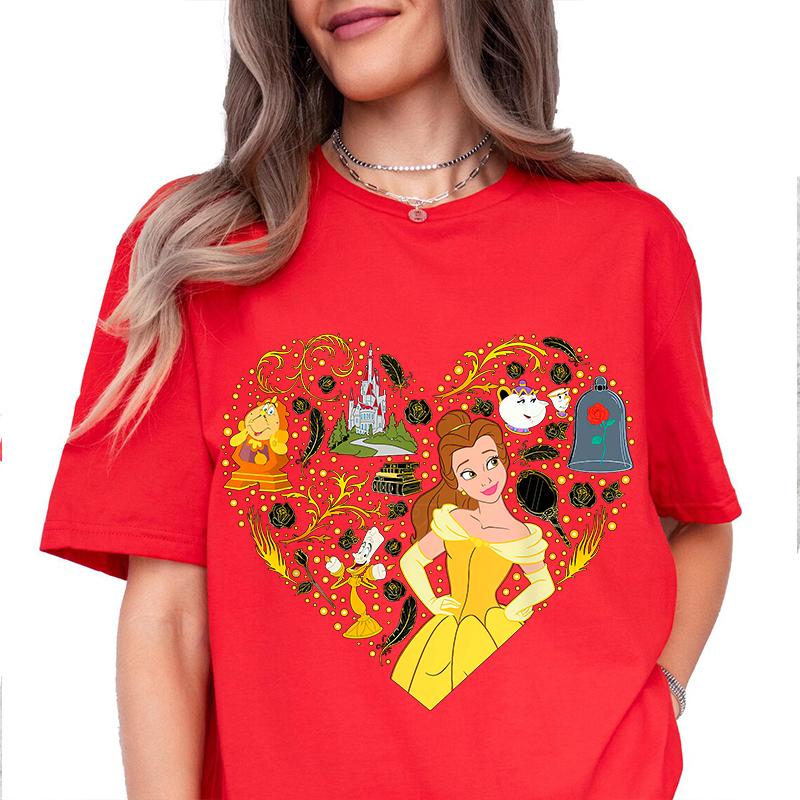 

Disney Princess Belle Collage Heart Print Women s Summer Fashion T-Shirt Pure Cotton Short Sleeve Casual Top Loose Clothing 4XL
