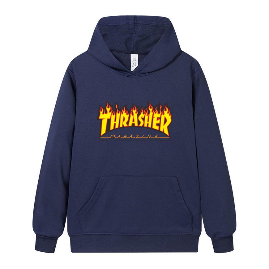 W02-1 Unisex Thrasher Flame Print Hoodie Men Casual Loose Long Sleeve Hooded Sweatshirt Streetwear Pullover