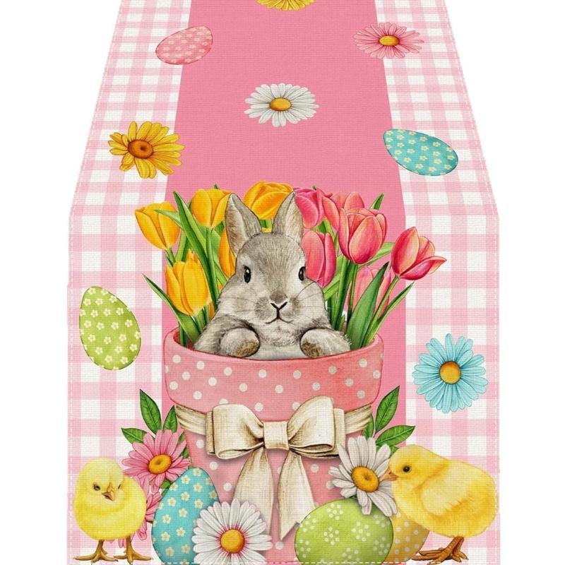 Linen Table Scarf Easter Rabbit Eggs Pattern Rectangular Washable Table Runner For Spring Decorations And Home Styling