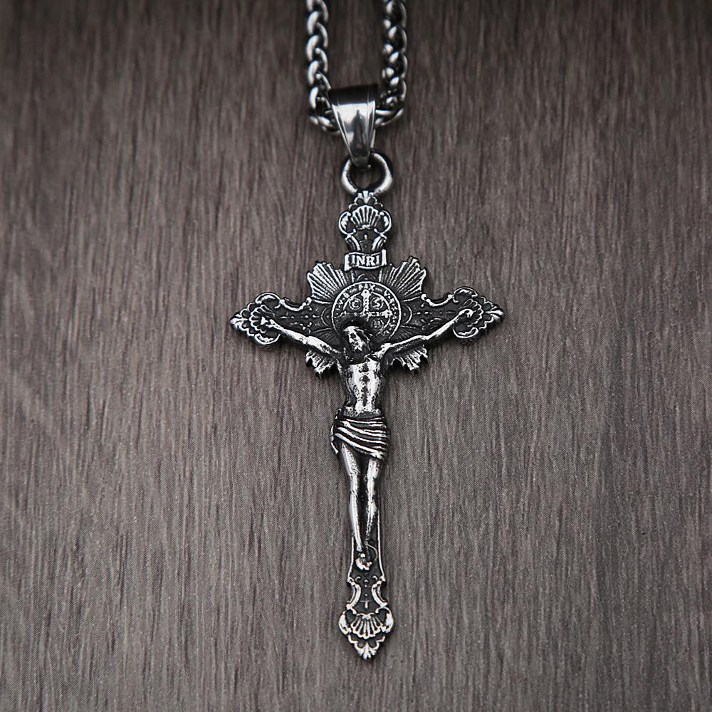 Vintage Stainless Steel Cross Necklace For Men Women Fashion Biker Catholic Cross Jesus Pendant Necklace Amulet Jewelry Gifts