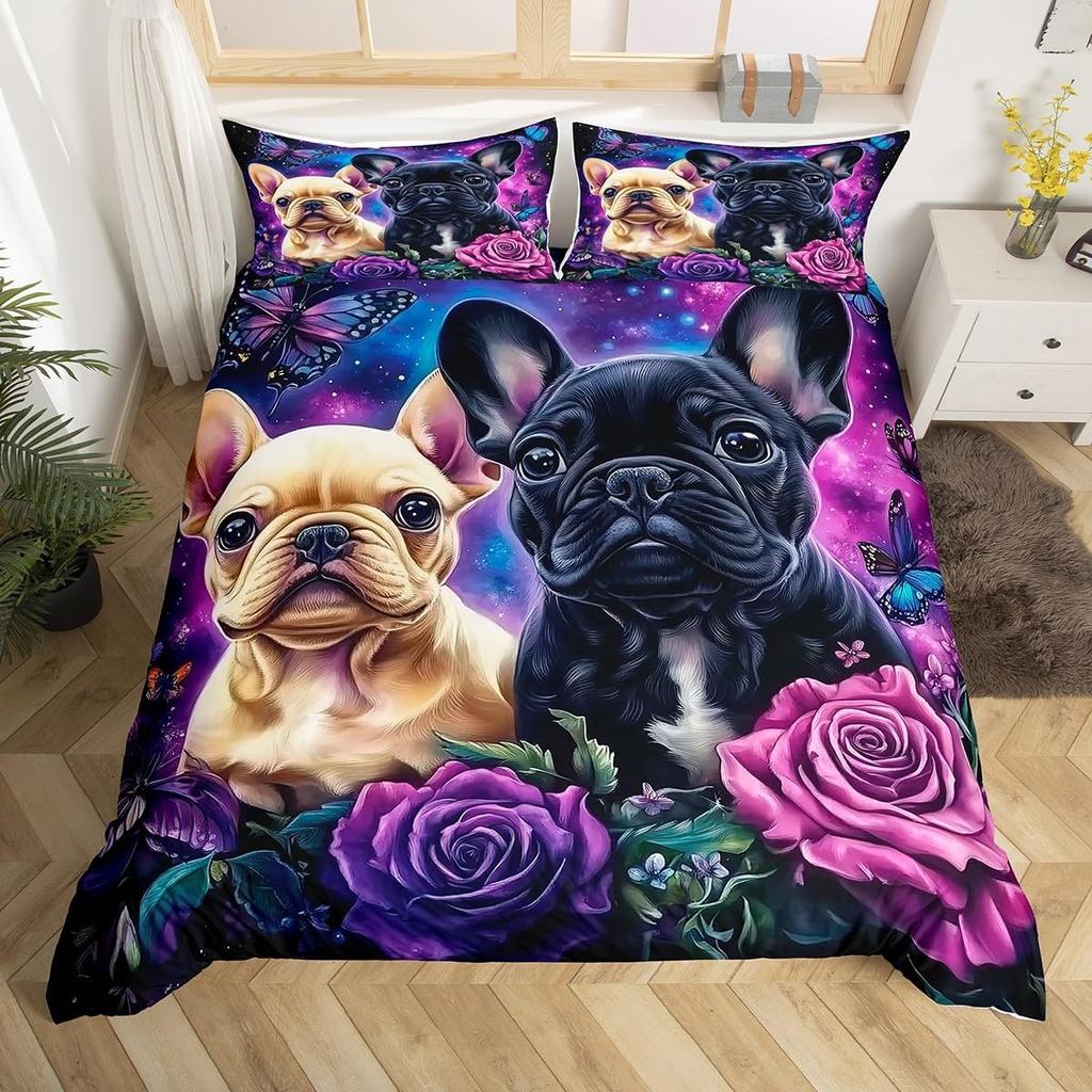 Puppy Dog Duvet Cover Full Queen Size Kawaii Pug Comforter Cover Love Heart Print Bedspread Cover Cute Pet Black Bedding Set