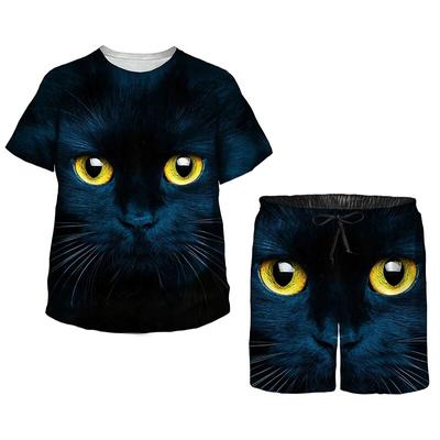 Summer Set For Kids Cute Cate Pattern Print Short Sleeve Top + Shorts Black Tracksuit Boy Girls Kawaii Cartoon Pajamas
